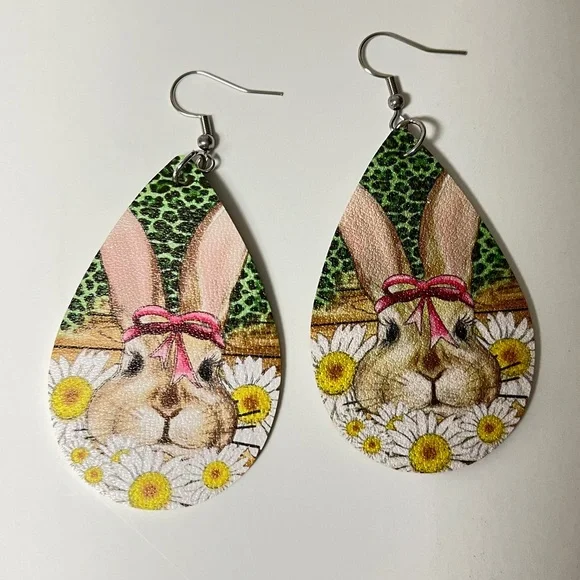 Bunny design, smooth teardrop , PU leather earrings. Colorful, new. 2.25”. NIP - Picture 2 of 5